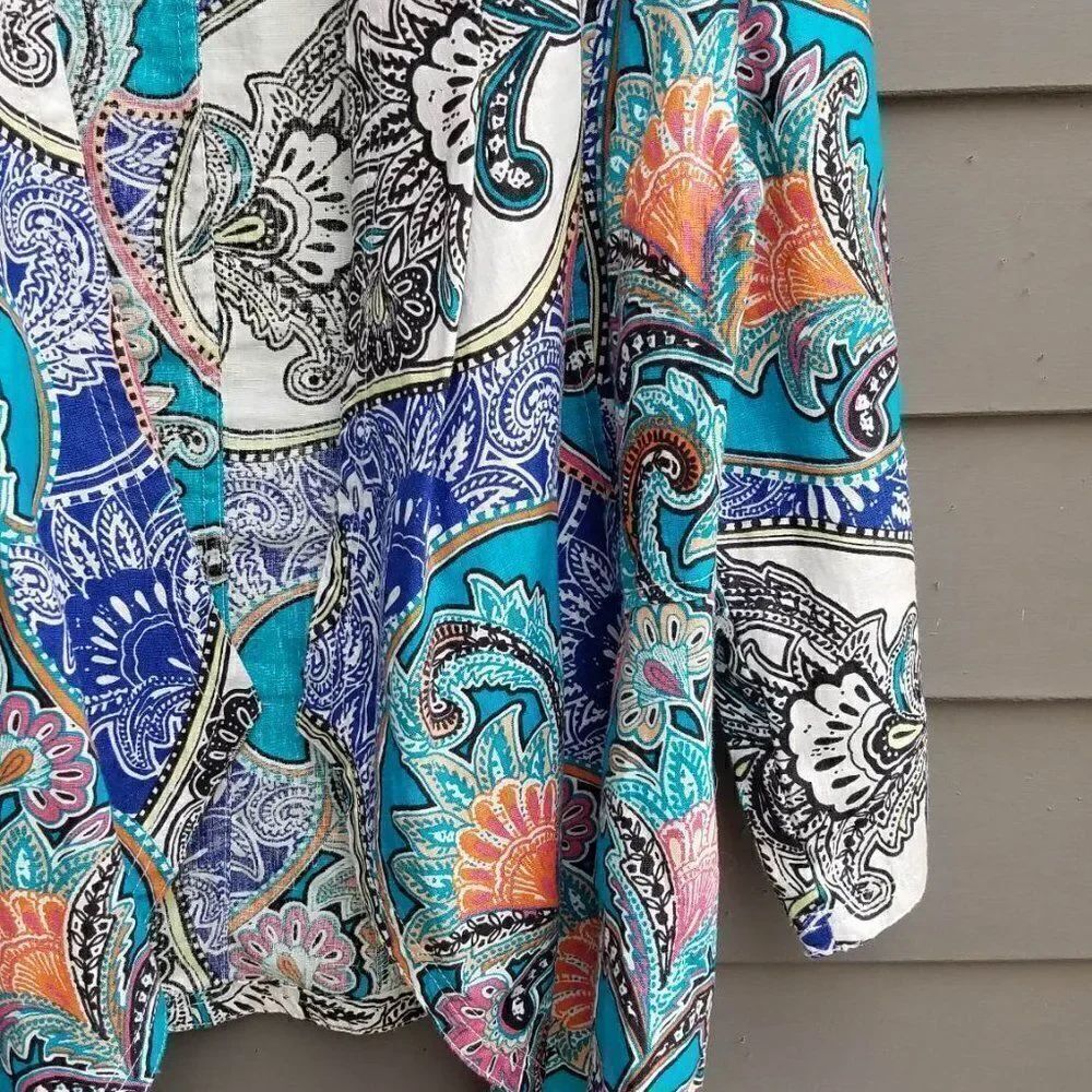Chicos Linen Pink/White/Turquoise Mod open Jacket Size 2 - Picture 7 of 10